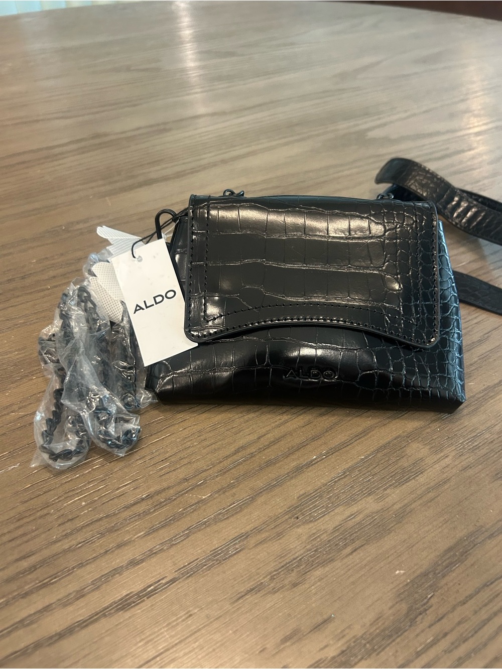 ALDO Black Croc Embossed Mini Crossbody Belt Bag Convertible Chain Strap NWT